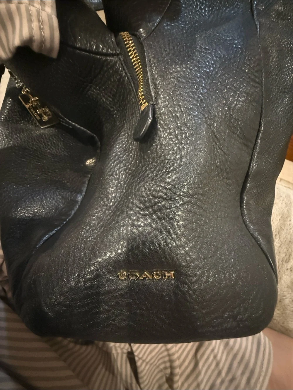 Coach Madison Phoebe Pebble Leather Shoulder Bag Tumbled Navy Lined Black Gold